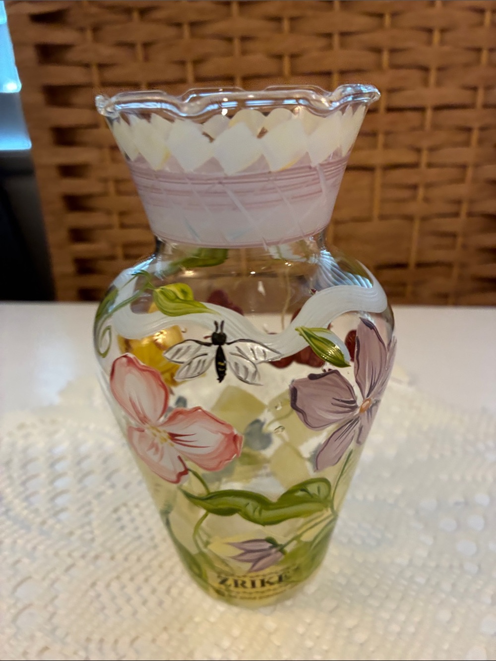 Hand-Painted Zrike Floral Glass Vase with Pink and Purple Accents by Zrike
